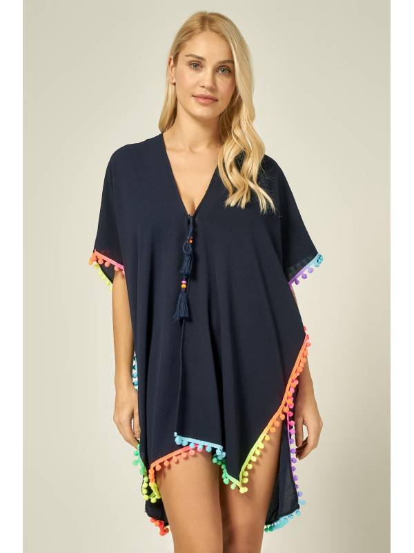 13321 Renkli Püskül Detaylı Lacivert Pareo