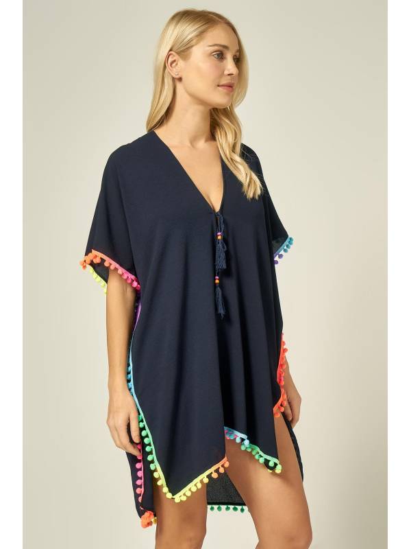 13321 Renkli Püskül Detaylı Lacivert Pareo