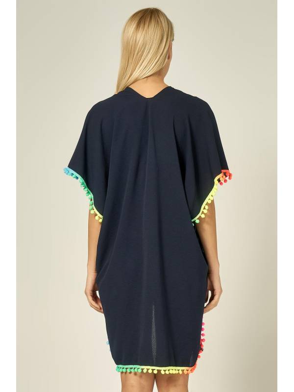 13321 Renkli Püskül Detaylı Lacivert Pareo