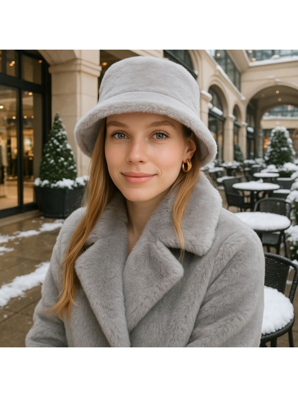 12839-1 Açık Gri Renk Peluş Bucket Şapka