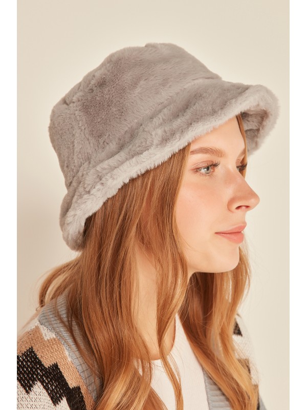 12839-1 Açık Gri Renk Peluş Bucket Şapka