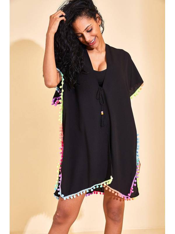 13321 Renkli Püskül Detaylı Siyah Pareo