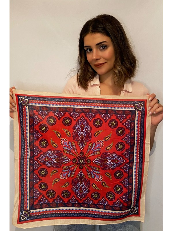 15002 Şal Desenli Kırmızı Pamuk Fular