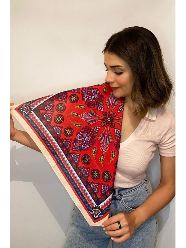 15002 Şal Desenli Kırmızı Pamuk Fular