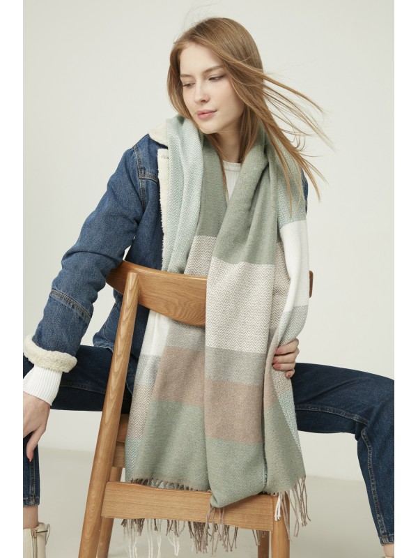 13807 Yumuşak Dokulu Balık Sırtı Desenli Mint Kalın Omuz Şal Atkı