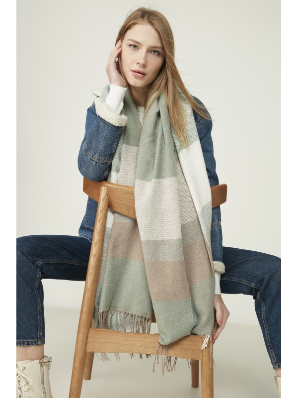 13807 Yumuşak Dokulu Balık Sırtı Desenli Mint Kalın Omuz Şal Atkı