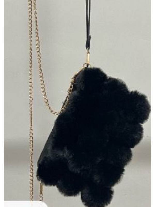 NWC-010 Zincirli Peluş Siyah Mini Omuz Çantası
