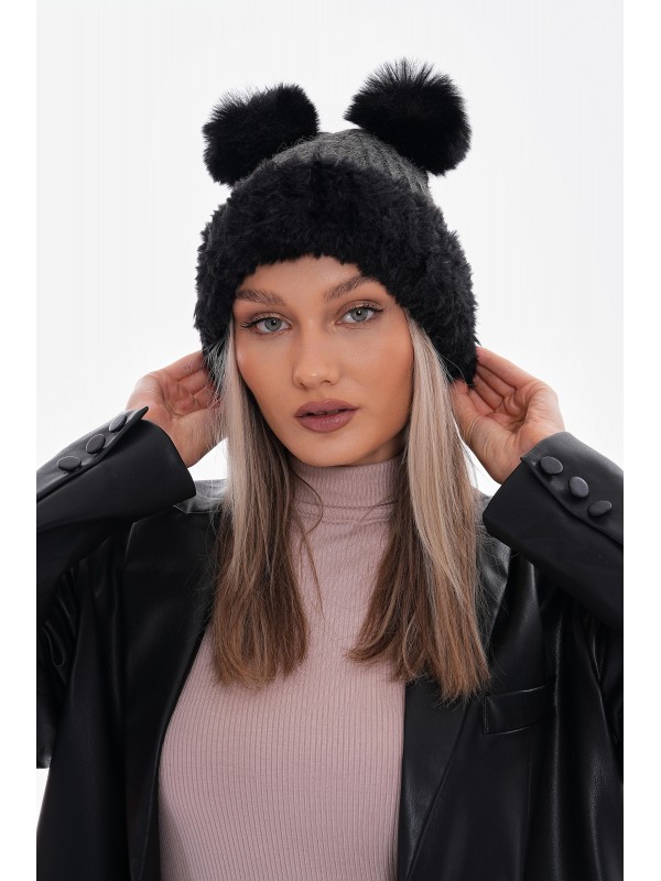 14661 Çift Ponponlu Fitilli Gri Triko Bere