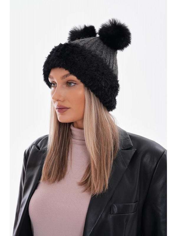 14661 Çift Ponponlu Fitilli Gri Triko Bere