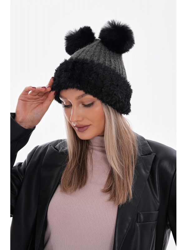 14661 Çift Ponponlu Fitilli Gri Triko Bere