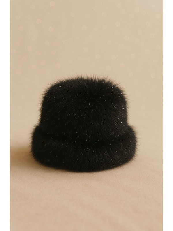 14761 Mango Kumaş Simli Siyah Peluş Bucket Şapka