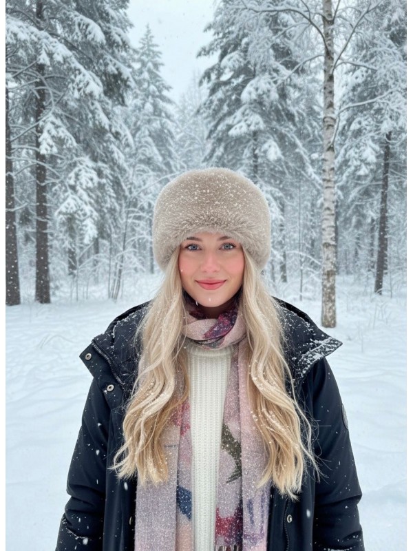 14626 Rus Tarzı Bej Peluş Kalpak Şapka