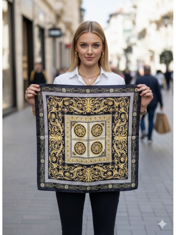 14835 Gold Desenli Siyah Bandana Fular 70x70 cm