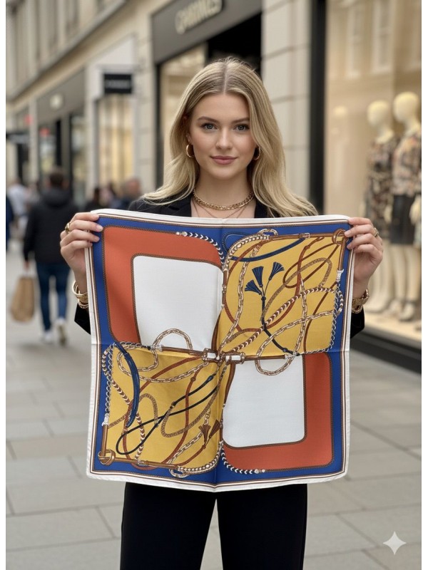 14837 Zincir ve Püskül Desenli Sax Mavi Bandana Fular 70x70 cm