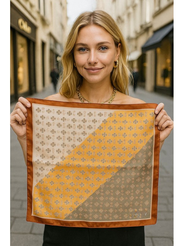 14889 Üç Renkli Çapraz Desenli Kahve Bandana Fular 70x70 cm