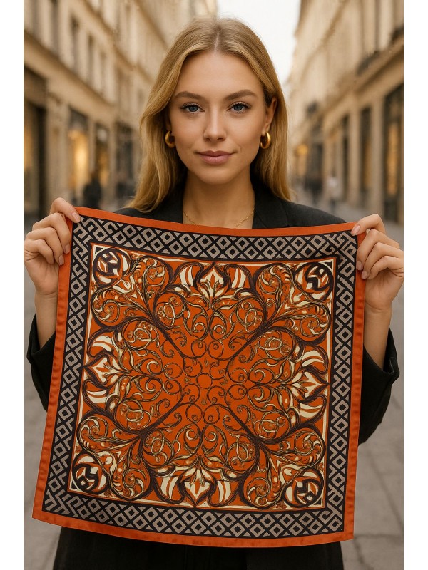 14892 Kıvrımlı Simetrik Motifli Turuncu Bandana Fular 70x70 cm