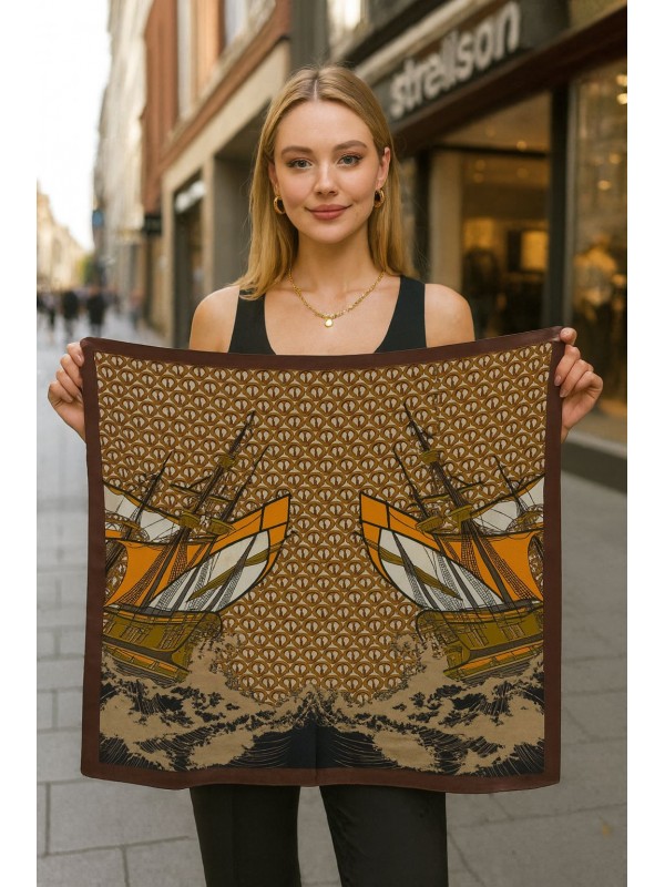 14917 Tekne Desenli Kahve Bandana Fular 90x90 cm