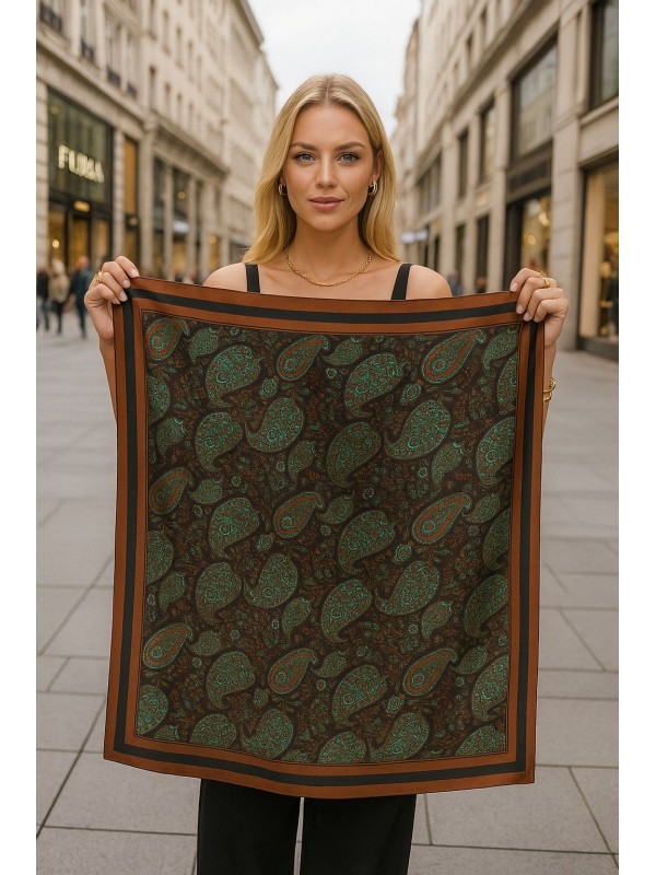 14918 Şal Desenli Siyah Bandana Fular 90x90 cm