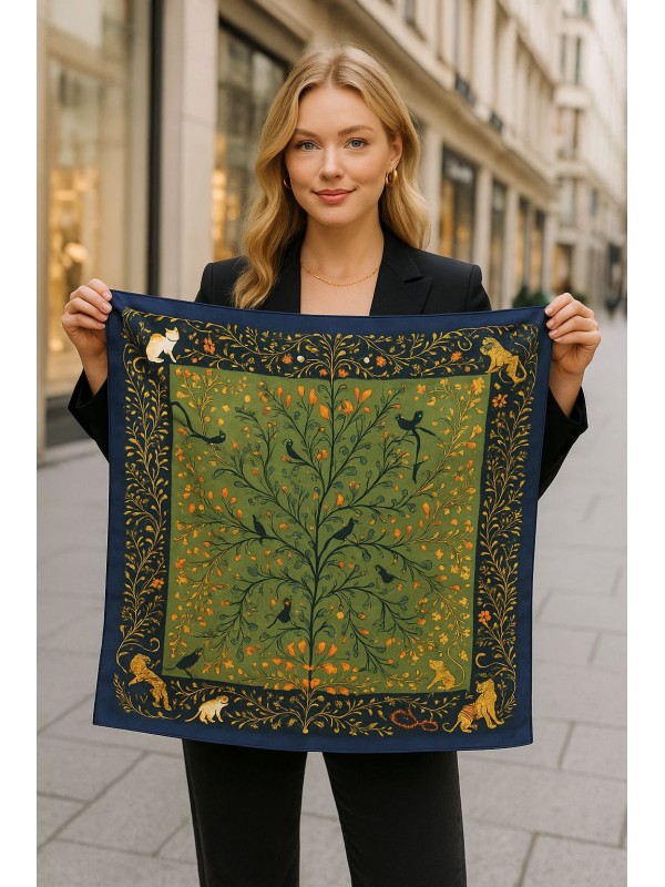 14924 Kuş Desenli Yeşil Bandana Fular 90x90 cm