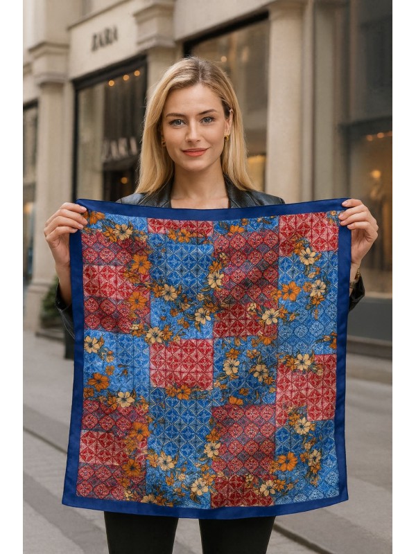14930 Çiçek Desenli Lacivert Bandana Fular 90x90 cm