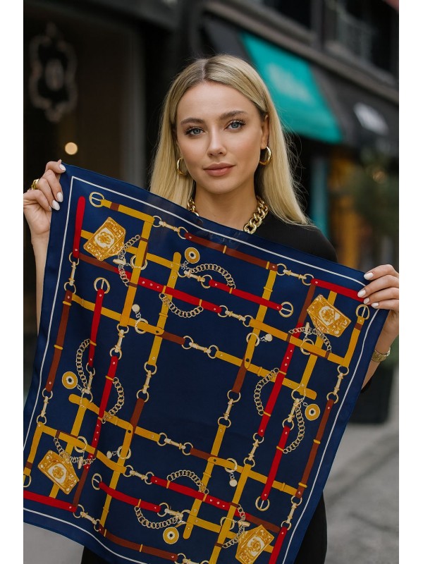 14931 Zincir Desenli Lacivert Bandana Fular 90x90 cm