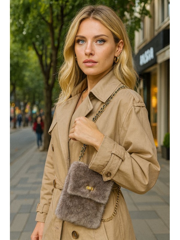 NWC-016 Gold Zincir Askı Detaylı Vizon Mini Peluş Çanta