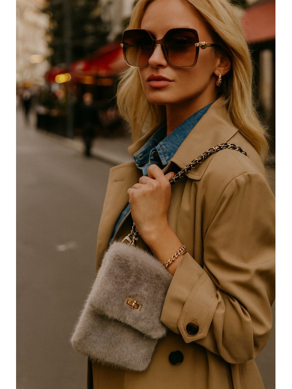 NWC-016 Gold Zincir Askı Detaylı Gri Mini Peluş Çanta