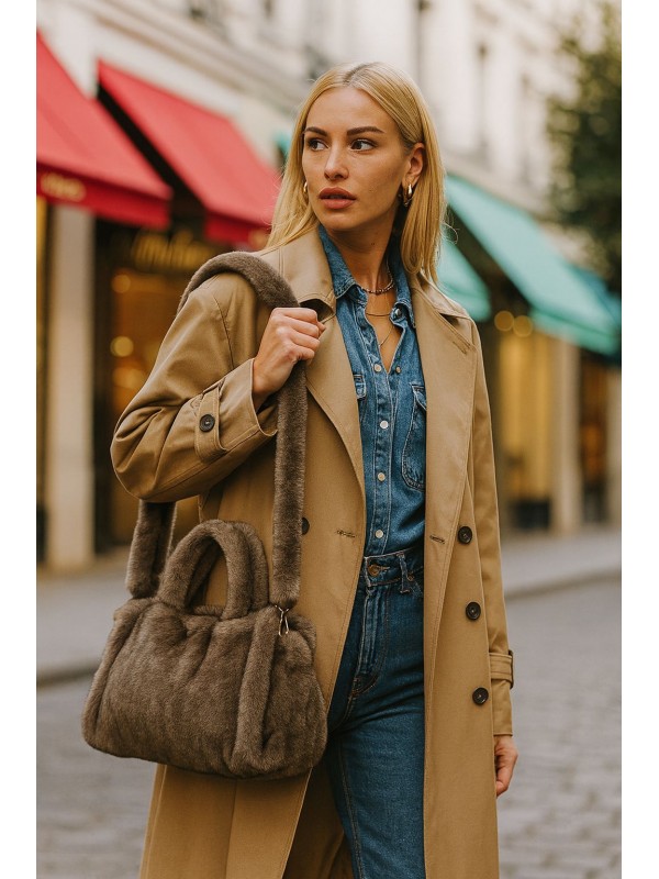 NWC-018 Peluş Vizon El ve Omuz Çantası 28x23x11 cm