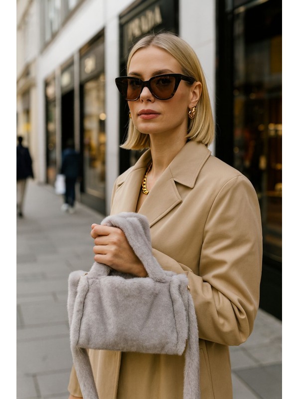 NWC-018 Peluş Gri El ve Omuz Çantası 28x23x11 cm