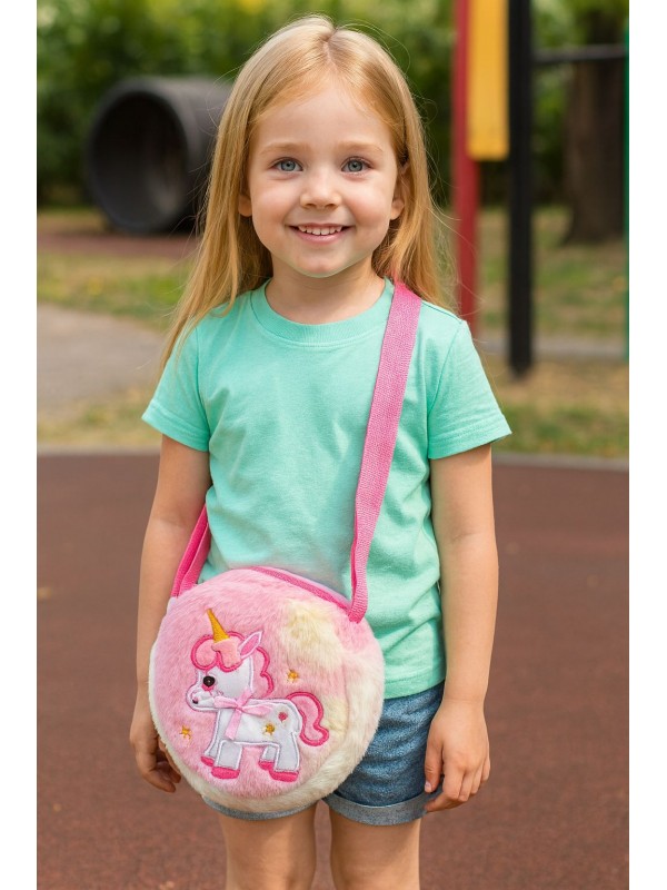 NWC-023 Uni Corn Kalp Modelli Pembe Peluş Çocuk Çantası 19x15 cm