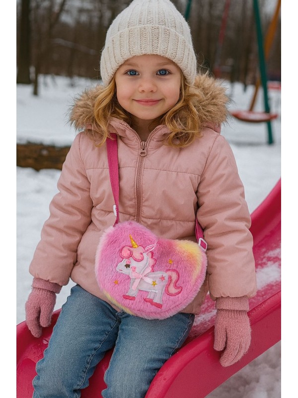 NWC-023 Uni Corn Kalp Modelli Fuşya Peluş Çocuk Çantası 19x15 cm