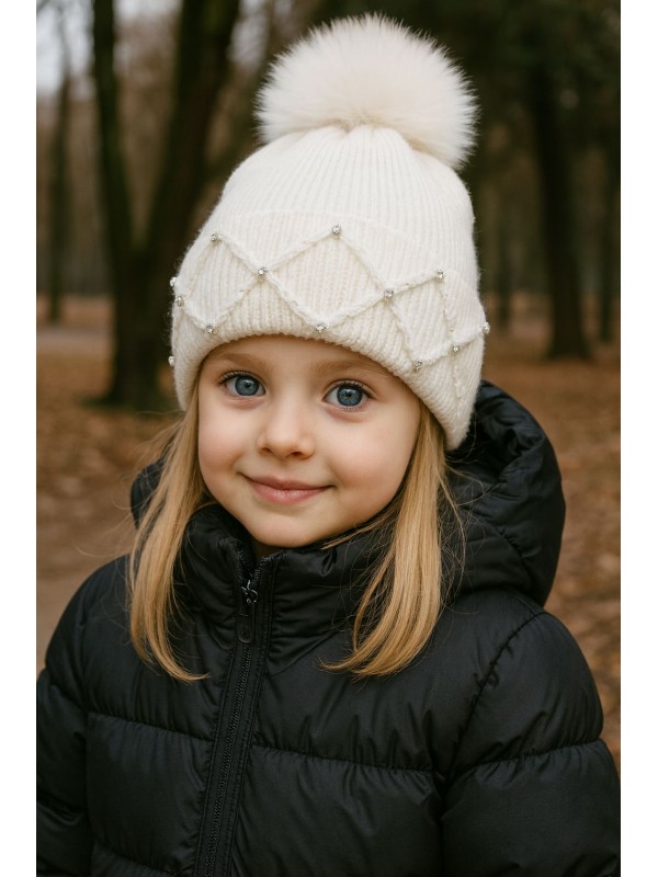 C-32 Ponponlu Taşlı Ekru Çocuk Beresi 5-9 Yaş