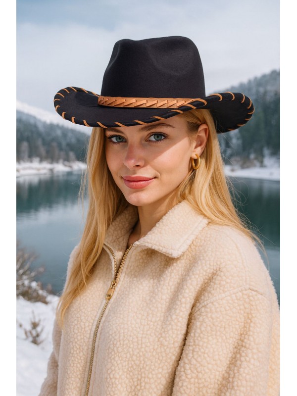 14900 Süet Kenar İpli Deri Aksesuarlı Siyah Fötr Şapka