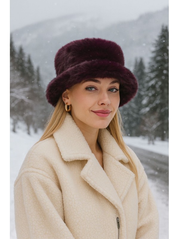 14817 Mürdüm Peluş Bucket Şapka