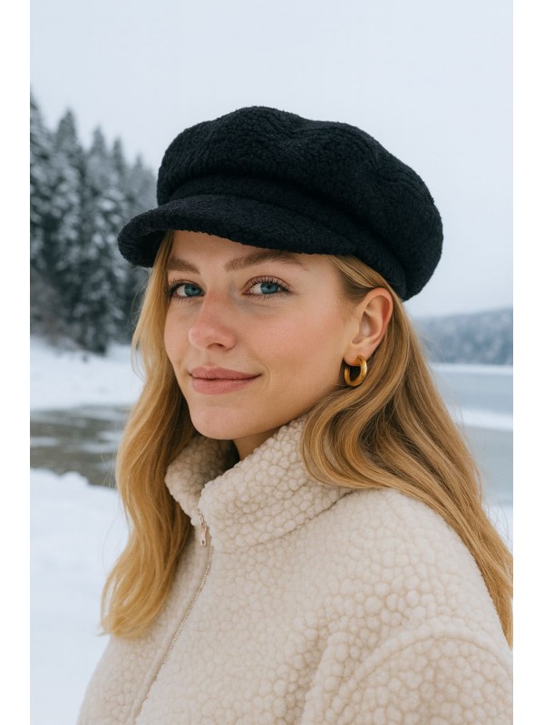 19000 Kıvırcık Kumaş Siyah Kep Şapka