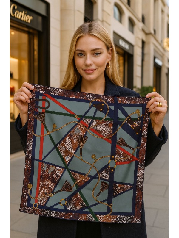 15358 Zincir Desenli Lacivert Bandana Fular 90x90 cm
