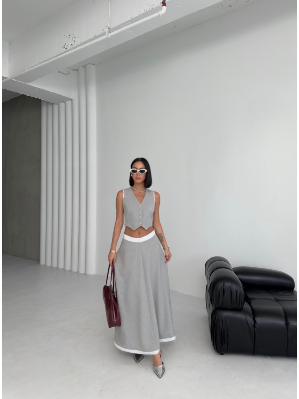 GİO ÇİZGİLİ GARNİLİ MİDİ ETEK YELEK TAKIM