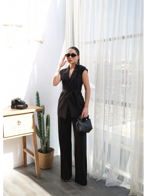 KETEN KUŞAKLI YELEK VE PANTOLON İKİLİ TAKIM