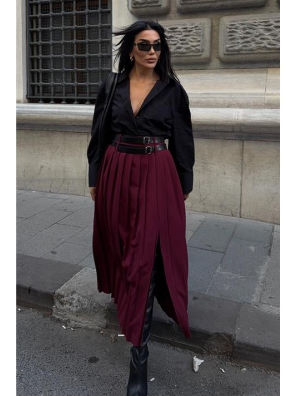 Çift Kemer Detaylı ve Yırtmaçlı Pileli Etek 4055