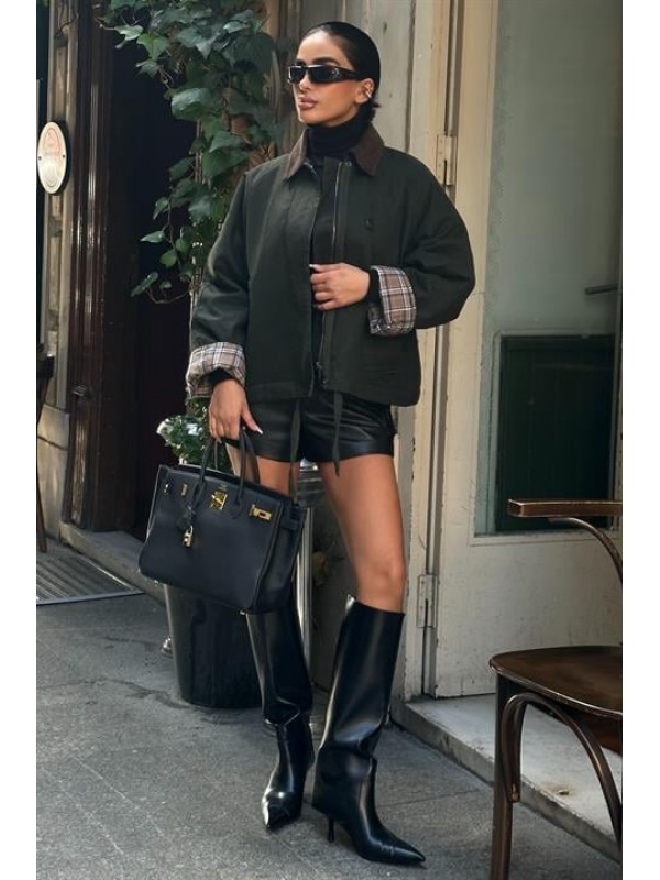 Kadife Yaka ve Ekose Detaylı Gabardin Ceket 6140