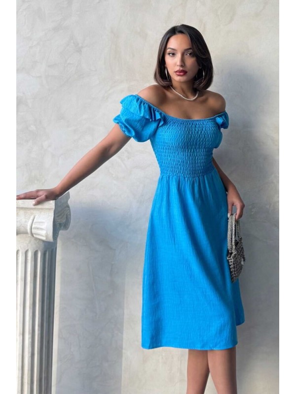 Gipeli Kayık Yaka Keten Elbise - Koyu Mavi | Topshow