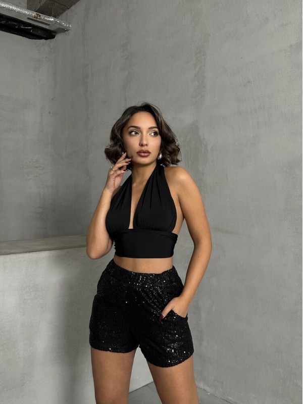 Topshow Siyah  Pullu Toptan Abiye Şort