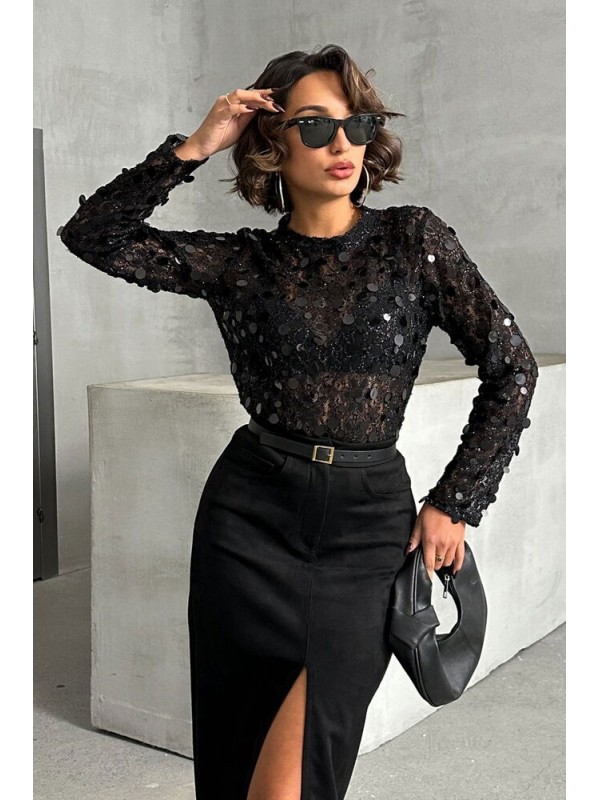 Topshow Siyah Para Pullu Toptan Bluz