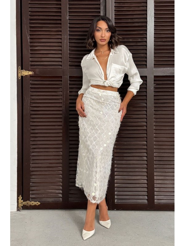 Topshow Pul Detaylı Abiye Midi Etek- Krem | F2012