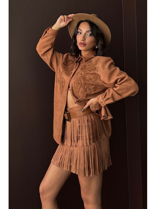 Topshow Püsküllü Scuba Süet Etek - Taba | F2030