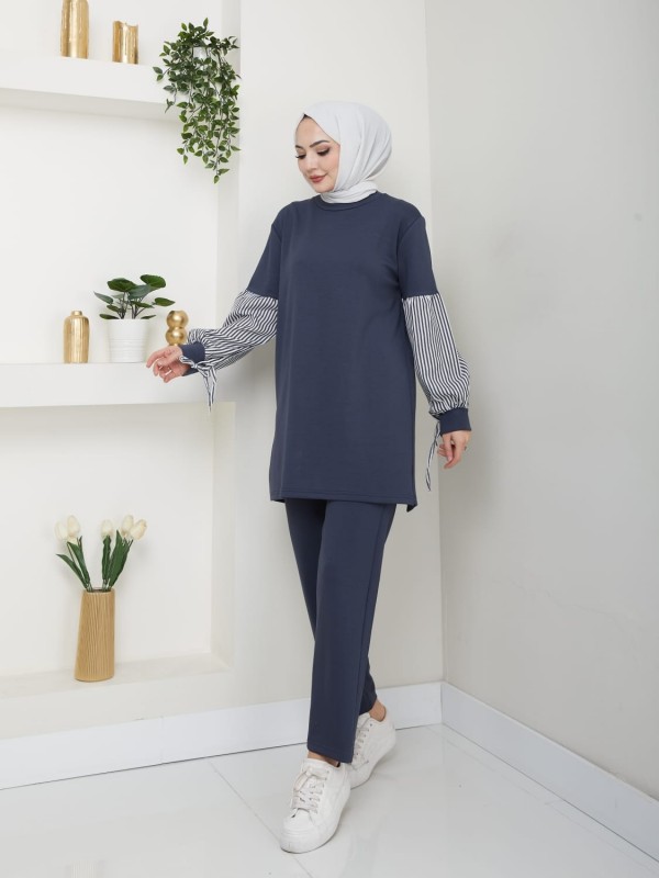 Kumaş Çizgili Poplin Kumaş Garnili Pantolon Tunik Takım  -Petrol