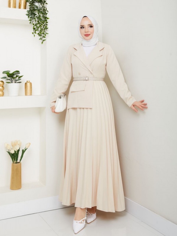 Kruvaze Ceket Detaylı Piliseli Etekli İkili Takım -Ekru