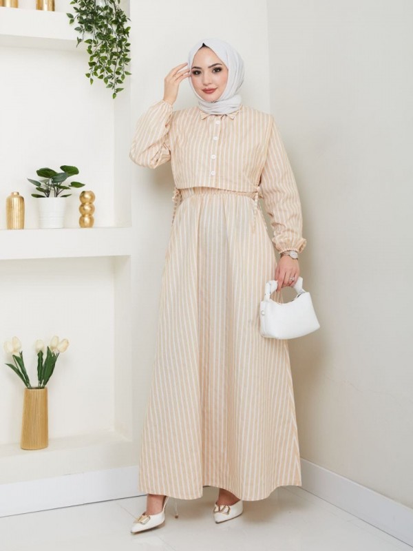 Çizgili Kumaş Düğmeli Yelekli Elbise  -Bej