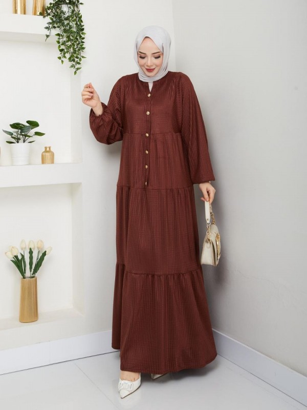 Düğmeli Katlı Pliseli Elbise -Kahve