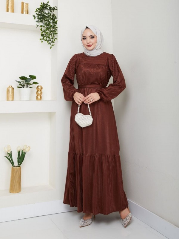 Kol Ucu Lastikli Beli Kuşaklı Zara Kumaş Elbise  -Kahve